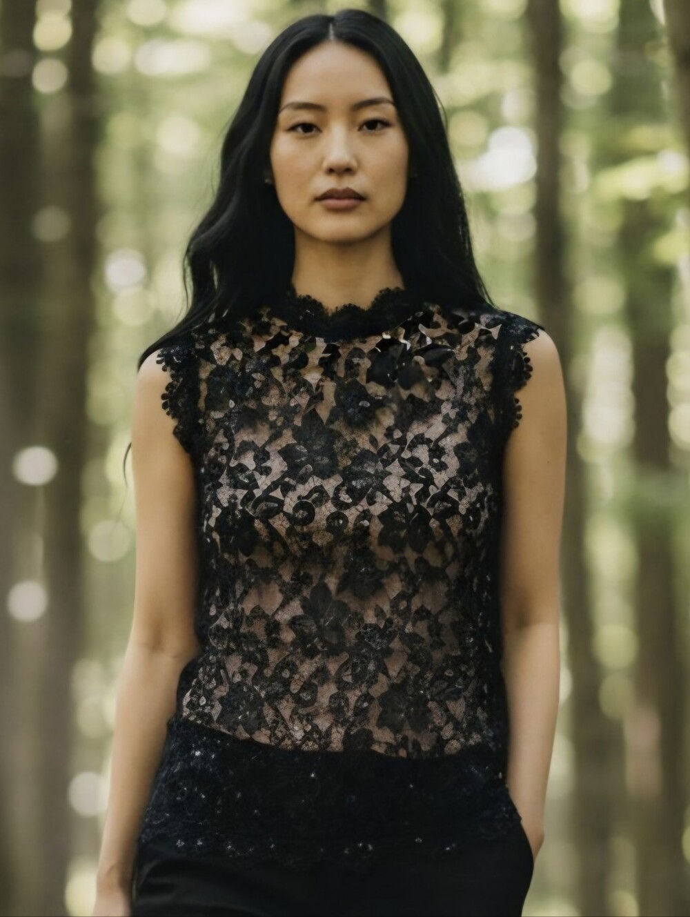Who What Wear Black Lace Sleeveless Women's Top -Mesh Overlay